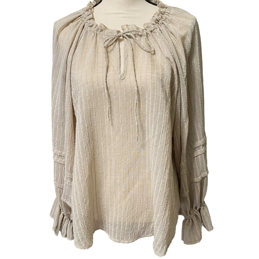 KLD Limited Women’s (M) semi sheer Taupe Blouse Long Balloon Sleeve